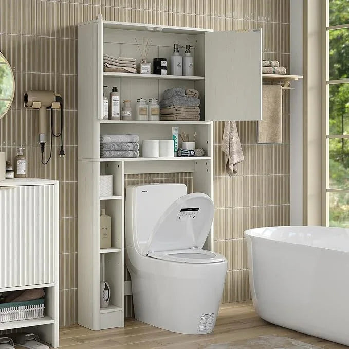 Furnideco Fluted Over The Toilet Storage Cabinet 31''W Modern Above Toilet Storage Cabinet with Fluted Doors & Adjustable Shelf for Bathroom, Antique White - ModernBath