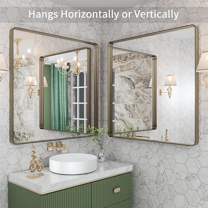 LOAAO 36”X36” Bronze Bathroom Mirrors for Vanity, Rounded Rectangle Brushed Bronze Metal Frame Mirror, Anti-Rust, Tempered Glass, Hangs Horizontally or Vertically - ModernBath