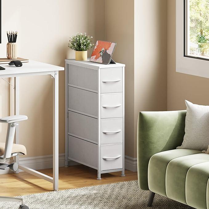 Narrow Dresser Storage Tower with 4 Drawers, Slim Dresser Chest of Drawers with Steel Frame, Wood Top, Dresser for Bedroom, Bathroom, Small Spaces, Laundry, Closet (White) - ModernBath