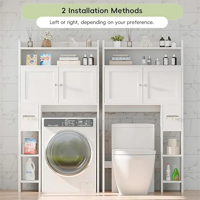 MU Over The Toilet Storage Cabinet with Doors, 32" Bathroom Storage Organizer with Side Shelves, Space-Saving Toilet Storage Rack for Bathroom, Laundry (White) - ModernBath