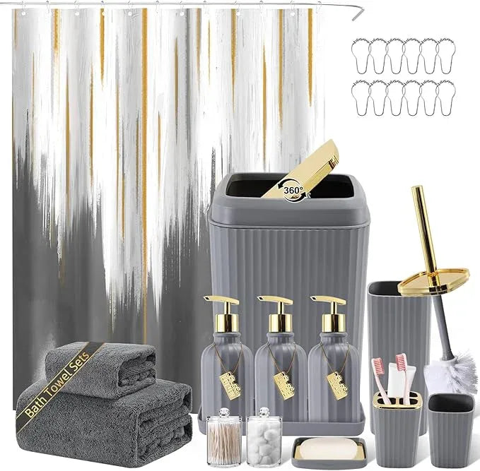 WSBArt 32PC Bathroom Accessory Set Bathroom Accessories Set Grey Bathroom Set, Shower Curtain Set, 2 Piece Bath Towel Set, 3PC Soap Dispenser, Toilet Brush & Trash Can - ModernBath