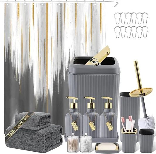 WSBArt 32PC Bathroom Accessory Set Bathroom Accessories Set Grey Bathroom Set, Shower Curtain Set, 2 Piece Bath Towel Set, 3PC Soap Dispenser, Toilet Brush & Trash Can - ModernBath