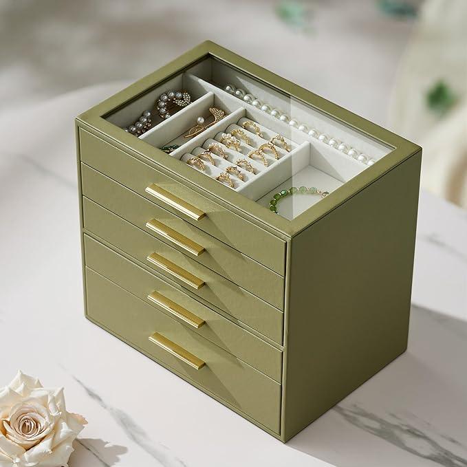 Jewelry Box Organizer Case for Women: 5-Layer Jewelry Storage Case with Glass Window, Olive Green Leather with Cream Velvet, Holder for Ring Necklace Bracelet Brooch Watch, Great Gift for Her - ModernBath