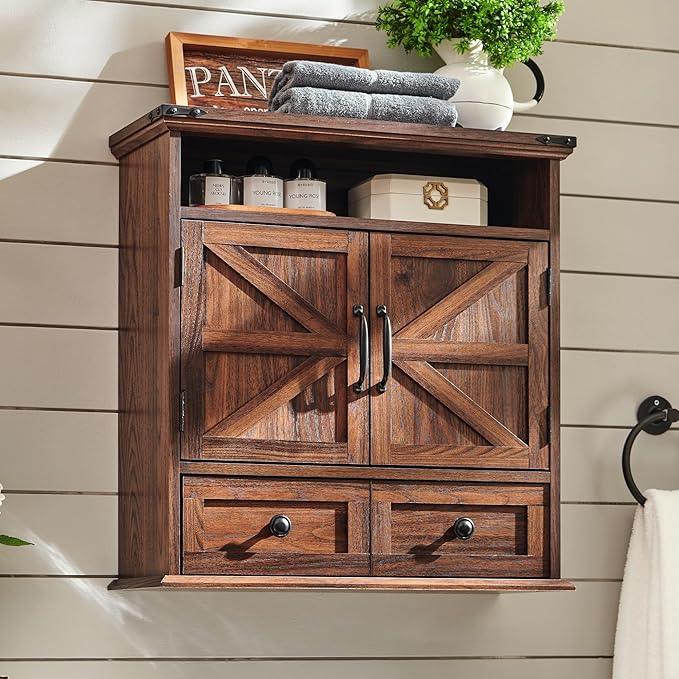 ACCOHOHO Bathroom Wall Cabinet, Farmhouse Medicine Cabinet, 24" Wide Cabinet with Drawer, Adjustable Shelf, Double Barn Doors, Storage Cabinet for Bathroom, Kitchen, Living Room, Brown - ModernBath