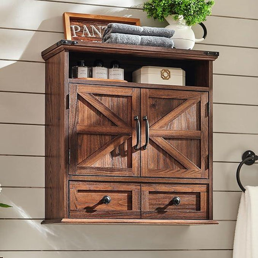ACCOHOHO Bathroom Wall Cabinet, Farmhouse Medicine Cabinet, 24" Wide Cabinet with Drawer, Adjustable Shelf, Double Barn Doors, Storage Cabinet for Bathroom, Kitchen, Living Room, Brown - ModernBath