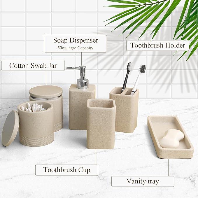 YMXYJM Bathroom Accessories Set, 6 Piece Bathroom Set with Toothbrush Holders, Soap Dispenser, Vanity Tray, Tumbler, Cotton Swab Jars, Bathroom Organizer，Bathroom Sink Sets, Stone Beige - ModernBath