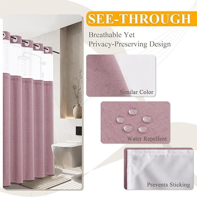 Jowels No Hooks Needed Linen Shower Curtain and Liner Set,Blush Pink Hotel Luxury Decor Shower Curtains for Bathroom with See Through Top Window,Water Resistant Fabric,72Wx72L,Blush Pink - ModernBath