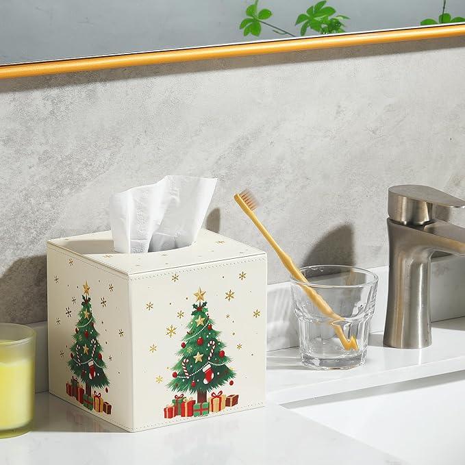 Luxspire Christmas Tissue Box Cover, 5.51" Square Tissue Box Cover with Magnetic Closure, Tissue Box Holder Christmas Decor for Living Room Bedroom Countertop Cars Hotels, Christmas Tree - ModernBath