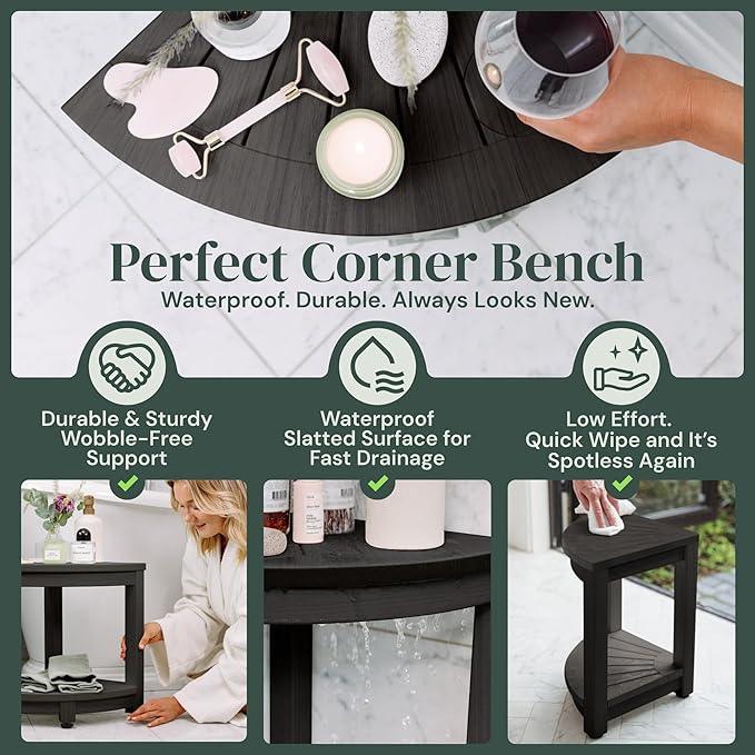 ROHKEX Plastic Corner Shower Stool - Black, Plastic - Shaving Seat & Shower Stool for Shaving Legs - Non-Slip Feet & Waterproof Bench - Space-Saving Storage & Corner Bench, Home Decor Gifts Idea - ModernBath