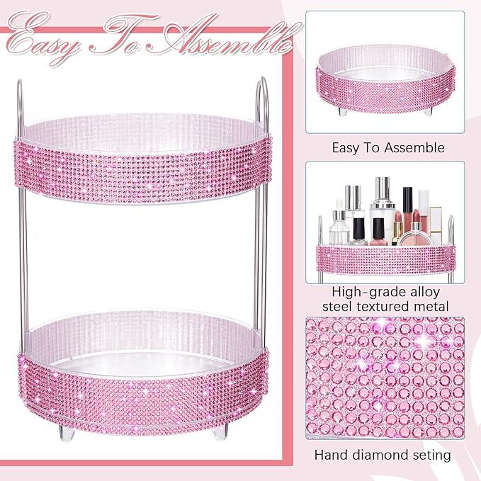 Honeydak 360 Rotating Perfume Organizer Rhinestone Bathroom Counter Organizer Makeup Holder with 2 Tiers Skincare and Perfume Storage, Vanity Storage for Cosmetic Countertop Decor (Pink) - ModernBath