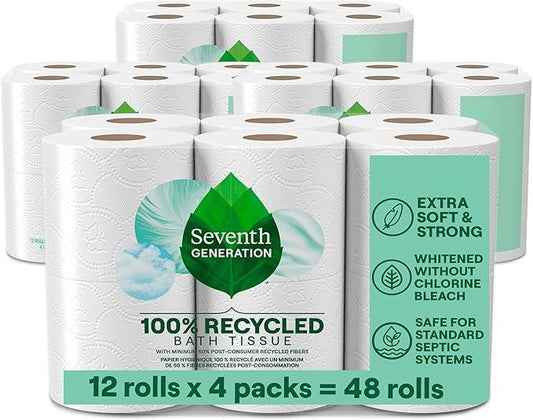 Seventh Generation Toilet Paper Recycled Bath Tissue 4-Pack 100% Recycled Paper 2-ply without Chlorine Bleach 12 Rolls - ModernBath