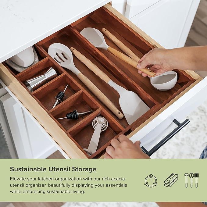 KitchenEdge Adjustable Kitchen Drawer Organizer for Utensils and Junk, Food-Safe Contract Grade with 100% Sustainable Wood, Non-Slip, Expandable from 10.5 to 18.5 Inches Wide - Natural Acacia - ModernBath