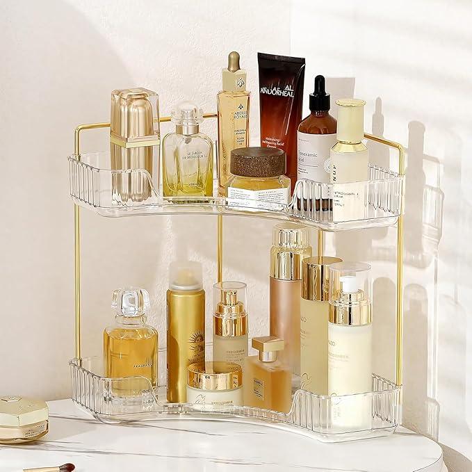 INVSSENE Corner Bathroom Countertop Organizer, Vanity Trays for Counter, Makeup Organizers, Perfume Tray, Kitchen Spice Rack, (Clear, 2 Tiers) - ModernBath