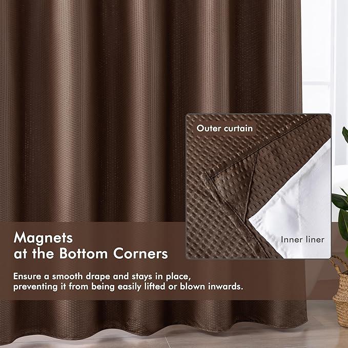 Mrs Awesome No Hook Shower Curtain with Snap-in Liner, Embossed Waffle Design Fabric Shower Curtain for Bathroom, Soft & Lightweight, 71x74, Chocolate - ModernBath