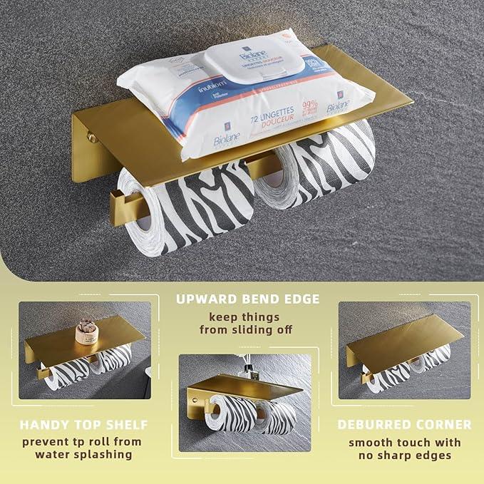 Angle Simple Toilet Paper Holder with Shelf Brushed Gold, 304 Stainless Steel Double Toilet Tissue Holder for Wall - ModernBath