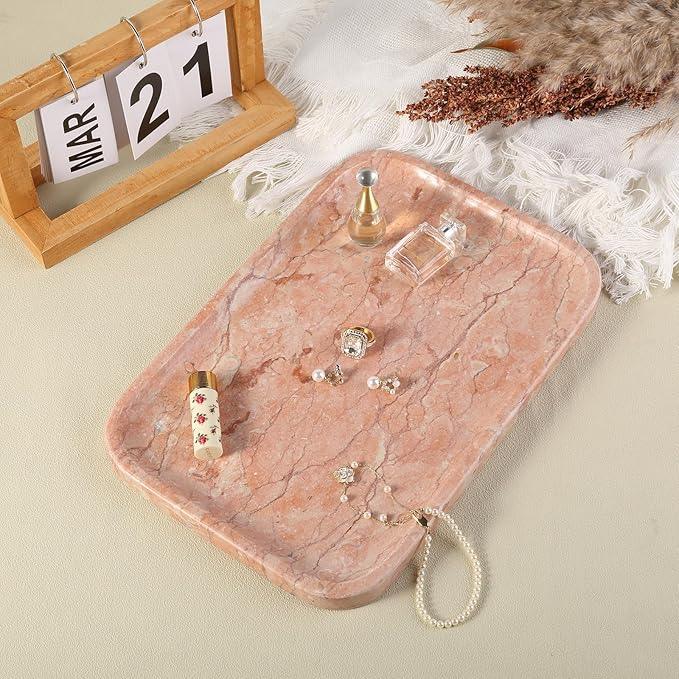 Karibiber Marble Vanity Tray, Bathroom Tray for Countertop, Decoration Dresser Organizer, Perfume, Jewelry Holder, Red Stone Serving for Kitchen Sink Storage(Spring Rose) - ModernBath