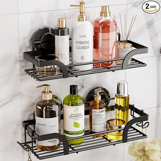 LEVERLOC Shower Caddy Suction Cup, 2 Pack Shower Shelves for Inside, Black Rustproof Metal Bathroom Storage NO-Drilling Bathroom Organizer with Large Capacity, Heavy Duty Storage Basket - ModernBath