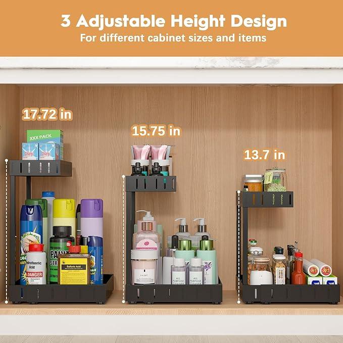 REALINN Under Sink Organizer, 2 Tier Expandable Under Cabinet Organizer, Heights Adjustable Pull Out Storage for Kitchen Bathroom Laundry, Black, 2 Pack - ModernBath