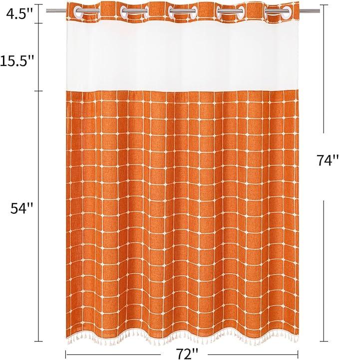 MitoVilla No Hooks Required Orange Shower Curtain with Snap-in Liner - with Window & Magnets, Boho Cotton Linen Fabric Shower Curtains with Tassels for Rustic Bathroom Decor, Burnt Orange, 72 x 74 - ModernBath