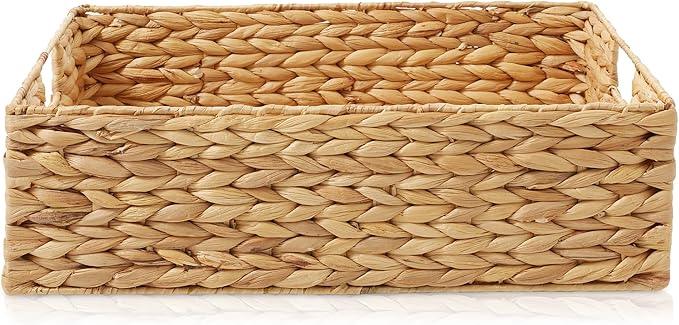 Casafield Set of 4 Water Hyacinth Pantry Baskets, 12-1/2" x 17" x 5", with Chalkboard Labels and Chalk Marker - Natural, Woven Storage Bin Organizers for Kitchen Shelves - ModernBath