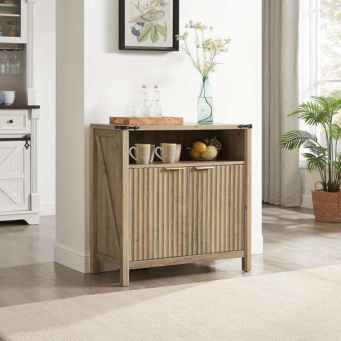 Buffet Cabinet with Storage - Modern Farmhouse Rustic 32 Fluted Sideboard Storage Cabinet Buffet with Adjustable Shelves, Coffee Wine Bar Organizer for Dining Room (Sunwashed Ash Oak) - ModernBath