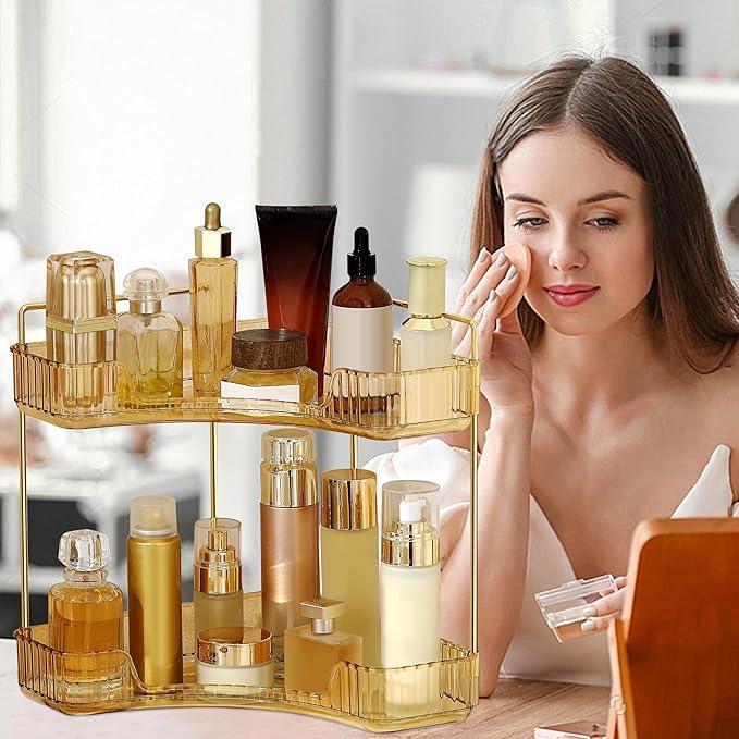 Weidace Corner Bathroom Counter Organizer Bathroom Countertop Shelf Makeup Organizer for Vanity Perfume Tray for Corner Storage (2 Tiers, Gold) - ModernBath