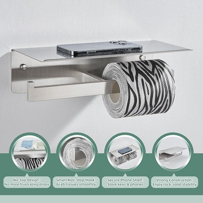 APLusee Double Toilet Paper Holder with Shelf, 304 Stainless Steel Brushed Nickel Bathroom Tissue Holder, Commercial Paper Roll Dispenser Wall Mounted - ModernBath