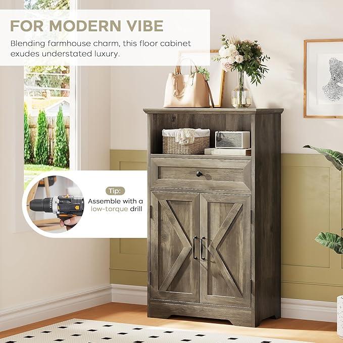 Floor Cabinet, Farmhouse Storage Cabinet with Barn Doors and Drawer, 11.81" D x 23.62" W x 39.37" H Grey Freestanding Adjustable Shelf Organizer for Bathroom, Kitchen, Living Room - ModernBath