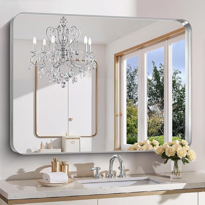 FORBATH 48x40 Inch Large Bathroom Mirror, Brushed Silver Deep Frame Wall Mirror with Rounded Corners, Anti-Rust Tempered Glass for Modern Farmhouse Vanity (Horizontal/Vertical) - ModernBath