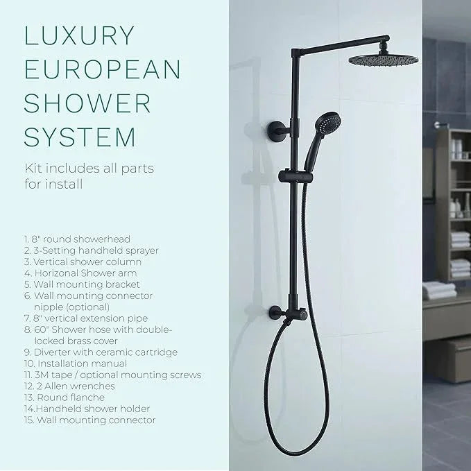 Fennocasa Polaris 3 Rain Shower System, 8” Rainfall Shower Head and Handheld Shower Combo, includes 3-Setting Handheld Spray, Height Adjustable Shower Wand Holder, 60” Hose (2.5 GPM Matte Black) - ModernBath