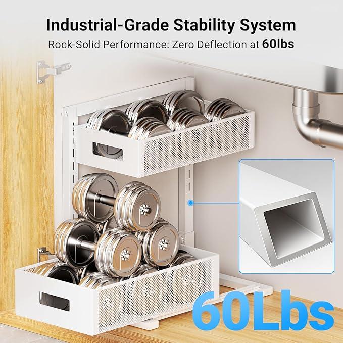 Pull-out Under Kitchen Sink Organizer, Metal Functional Under Sink Organizer, Height Adjustable Under Bathroom Sink Organizer, Under Sink Storage for Kitchen Bathroom Cabinet (White) - ModernBath