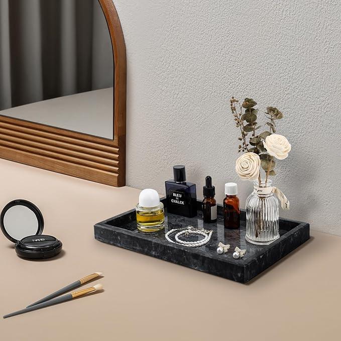 Zilukar Real Natural Marble Tray for Bathroom, Vanity, Kitchen and Desktop, Rectangle Genuine Marble Stone Tray for Jewelry, Cosmetics, Candles, Lotion, Perfume and Home Decor Black - ModernBath
