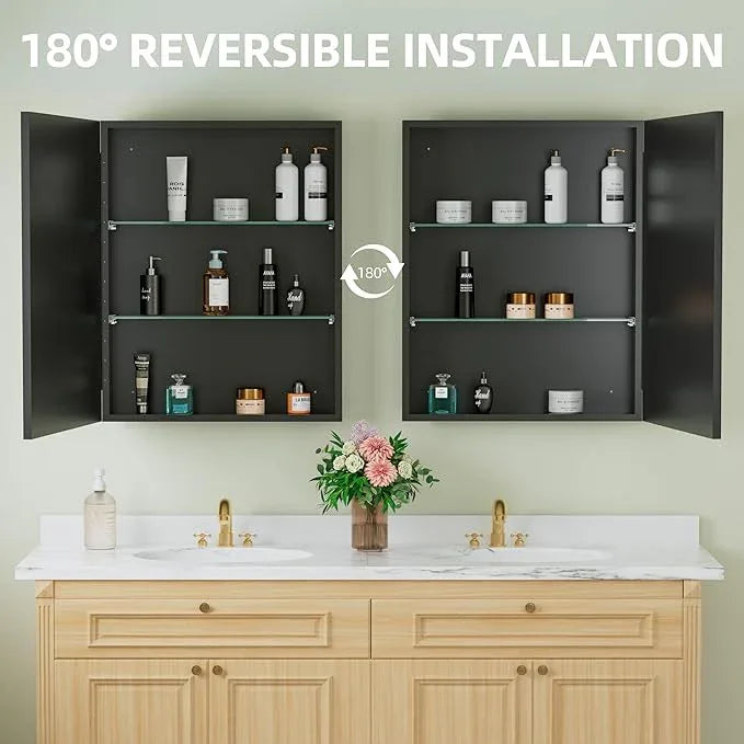Buruis 24" x 30" Framed Medicine Cabinet with Mirror, Recessed or Wall Mounted Bathroom Cabinet, Adjustable Tempered Glass Shelves, Left/Right Open Reversible, No Assembly Required, Black - ModernBath