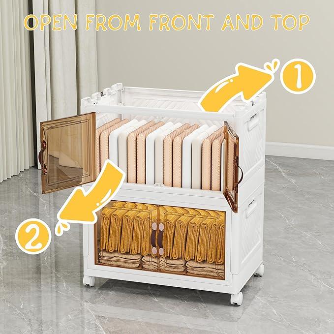 Storage Bins with Lids and Wheels, 220QT-110QT*2Tier Collapsible Bathroom Storage Cabinet with Clear Doors, Plastic Stackable Closet Organizers and Containers White - ModernBath