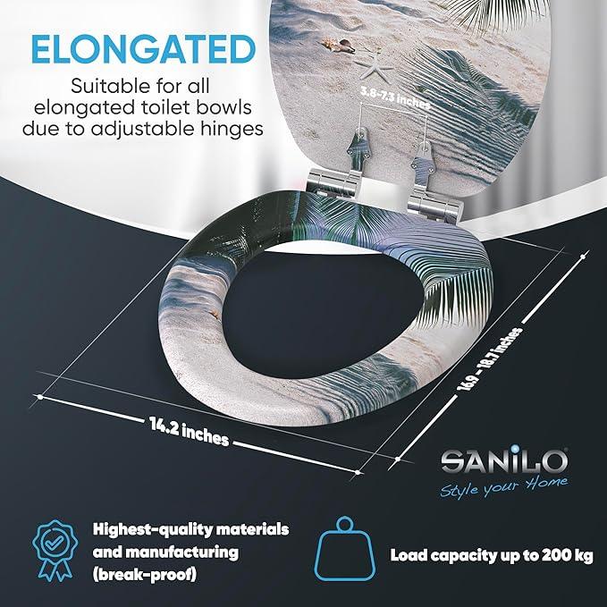 SANILO Wooden Toilet Seat with Soft Close [ELONGATED] - Decorative, Quiet & Slow Close Molded Wood Seat - With Strong Bumpers & Hinges - Adjustable Fit - Beach - ModernBath