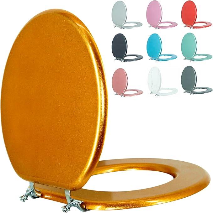 BLOFDE Round Toilet Seat Wood Toilet Seat Prevent Shifting with Zinc Alloy Hinges American Standard Size Toilet Seat Easy to Install also Easy to Clean(Round,Sparkling Classical Gold) - ModernBath