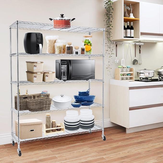 BNSPLY Commercial Wire Shelving Unit with Wheels, 5 Tier Adjustable Wire Shelves with NSF Certified, Heavy Duty Metal Storage Rack Shelf Unit for Kitchen, Garage (17.7" D x 59" W x 71" H, Chrome) - ModernBath
