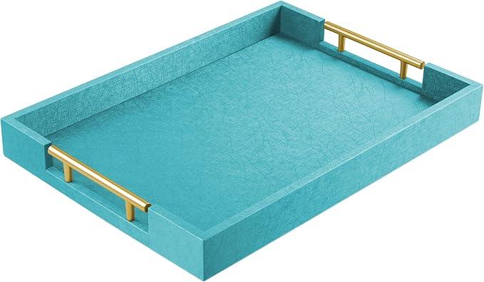 17" x 12" Wood Serving Tray with Gold Polished Metal Handles, Home Decorative Wooden Rectangle Ottoman Leather Decor Platter Bathroom Vanity Tray for All Occasions Blue - ModernBath