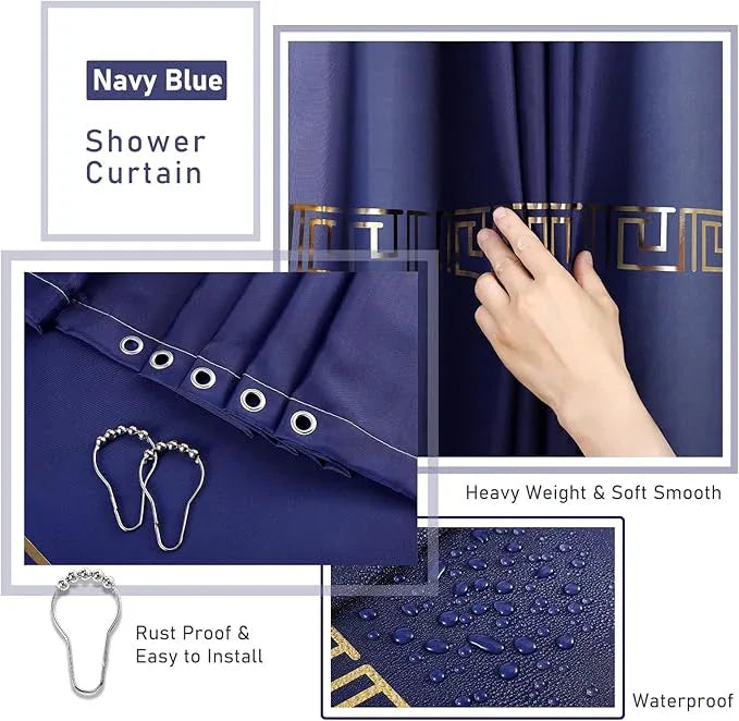 XLHOMO Bathroom Sets with Shower Curtain and Rugs Bathroom Accessories Set Navy Blue Bathroom Set,Soap Dispenser & Toilet Brush Holder Set with Stainless Steel Trash Can - ModernBath