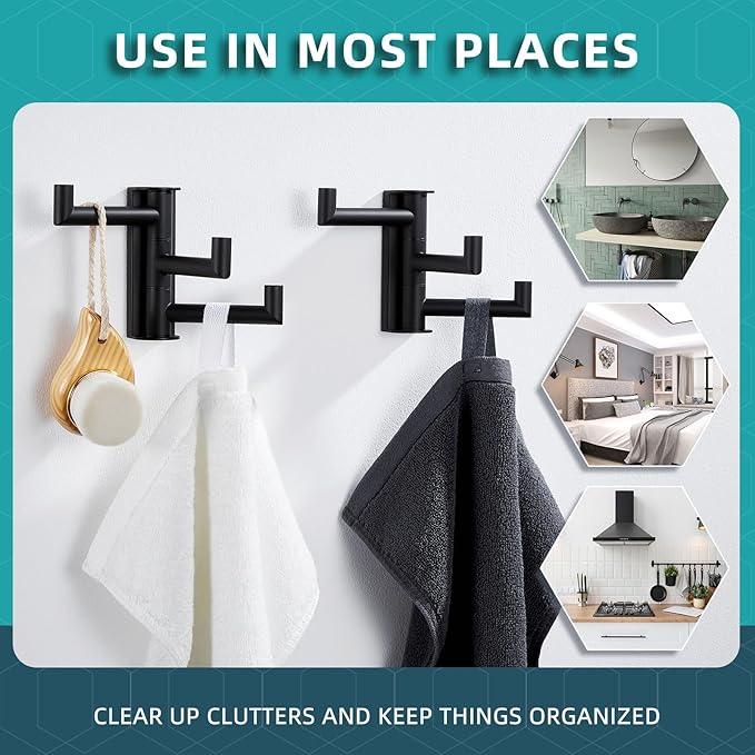 Angle Simple Swivel Towel Hooks for Bathroom, SUS 304 Stainless Steel Foldable 3 Arms Robe Towel Holder, Shower Wall Coat Hooks, Matte Black, 2 Pack - ModernBath