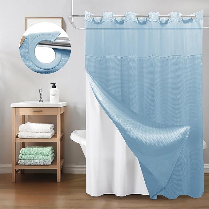 Inhousolu No Hook Shower Curtain with Snap in Fabric Liner Set Waffle Weave 230GSM Weighted Hem, Waterproof & Washable Bathroom Curtain Spa Luxury with Mesh Top Window 72" W x 72" L Teal - ModernBath