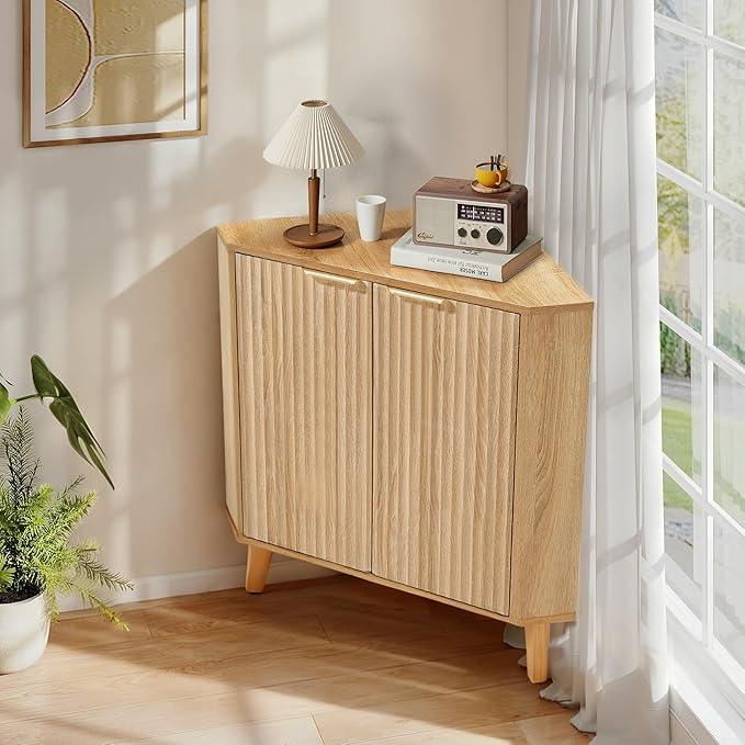 HOMREST Fluted Corner Cabinet with Storage and Power Outlet, Adjustable Shelve, Freestanding Sideboard Buffet Cabinet, Multifunctional Organizer for Living Room Kitchen, Bathroom (Natural) - ModernBath