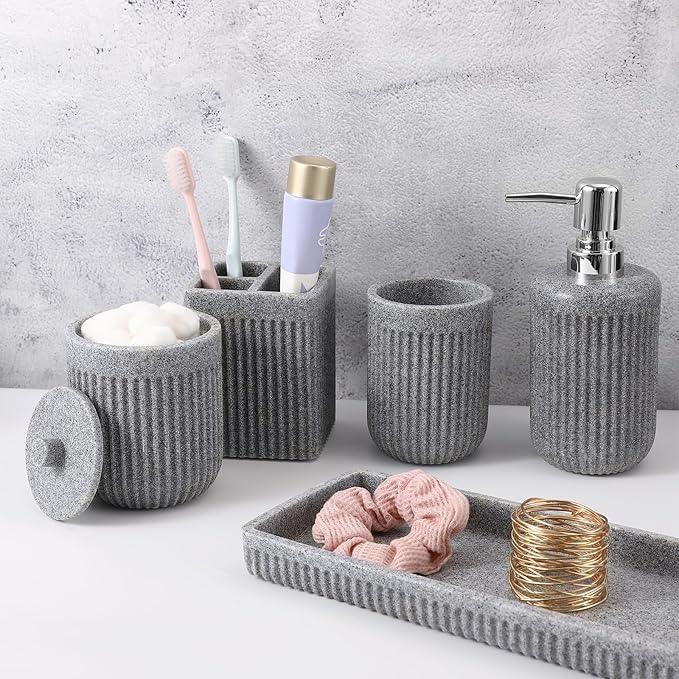XLHOMO Resin Grey Bathroom Accessories Set 5 Pcs, Lotion Soap Dispenser, Toothbrush Holder, Bathroom Tumbler, Qtip Holder and Vanity Tray, Bathroom Countertop Organizer Set for Modern Home Apartment - ModernBath