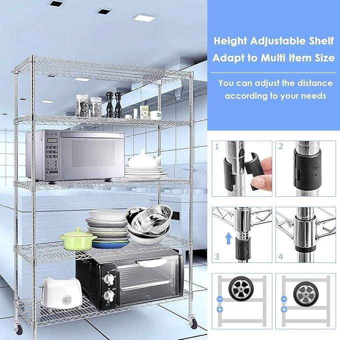 BNSPLY Commercial Wire Shelving Unit with Wheels, 5 Tier Adjustable Wire Shelves with NSF Certified, Heavy Duty Metal Storage Rack Shelf Unit for Kitchen, Garage (17.7" D x 59" W x 71" H, Chrome) - ModernBath