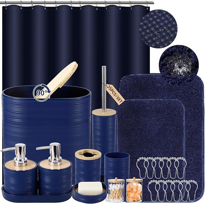 XLHOMO Bathroom Set - Navy Blue Bathroom Accessories Set, Bathroom Sets with Shower Curtain and Rugs, 25PC Shower Curtain Set with Hooks, Soap Dispenser, Soap Dish, Toilet Brush Holder and Trash Can - ModernBath