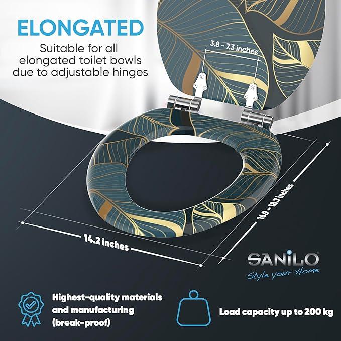SANILO Wooden Toilet Seat with Soft Close [ELONGATED] - Decorative, Quiet & Slow Close Molded Wood Seat - With Strong Bumpers & Hinges - Adjustable Fit - Monstera - ModernBath