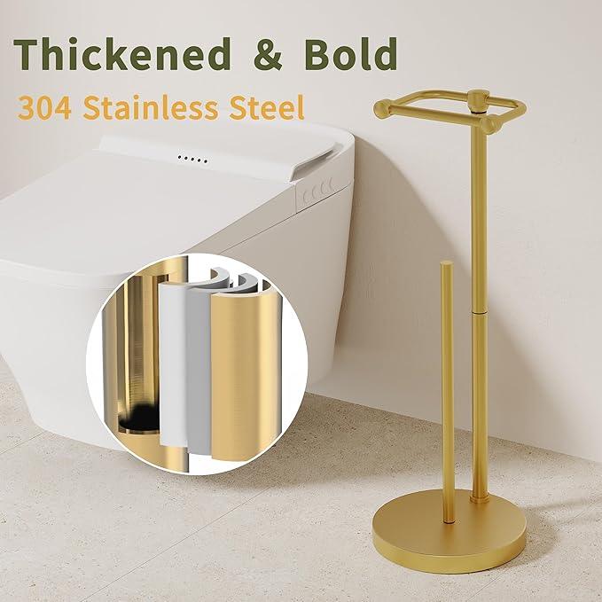 Toilet Paper Holder Stand, Modern Bathroom Free Standing Toilet Paper Holder with Storage for 4 Rolls, Post Pivoting Toilet Paper Stand Stainless Steel Tissue Rack, Heavy Stable Base(Brushed Gold) - ModernBath