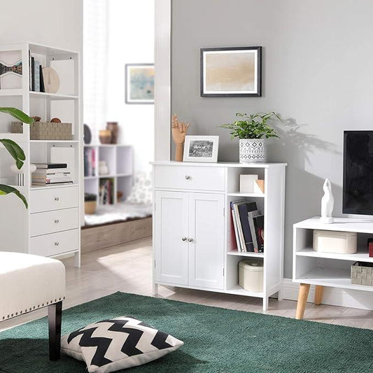 VASAGLE Floor Storage Cabinet with Drawer, Freestanding Cabinet with Doors, 3 Open Compartments, Adjustable Shelves, 11.8 x 29.5 x 31.5 Inches, for Bathroom, Living Room, Cloud White UBBC142W01 - ModernBath
