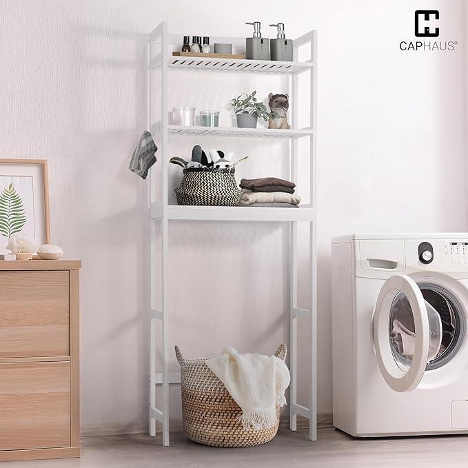 CAPHAUS Over The Toilet Storage Shelf,3-Tier Bathroom Organizer Shelf Rack Over Toilet with Hooks & Adjustable Feet,Freestanding Toilet Shelf, Bathroom & Laundry Organizer,Balcony Plant Stand, White - ModernBath