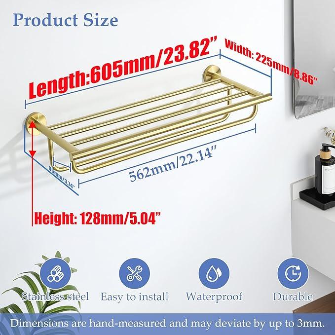 Alise 24 inch Towel Shelf with Double Towel Bars,Towel Rack for Bathroom,SUS 304 Stainless Steel Wall Mount Towel Holder Storage,Brushed Gold,GYT7060-G - ModernBath